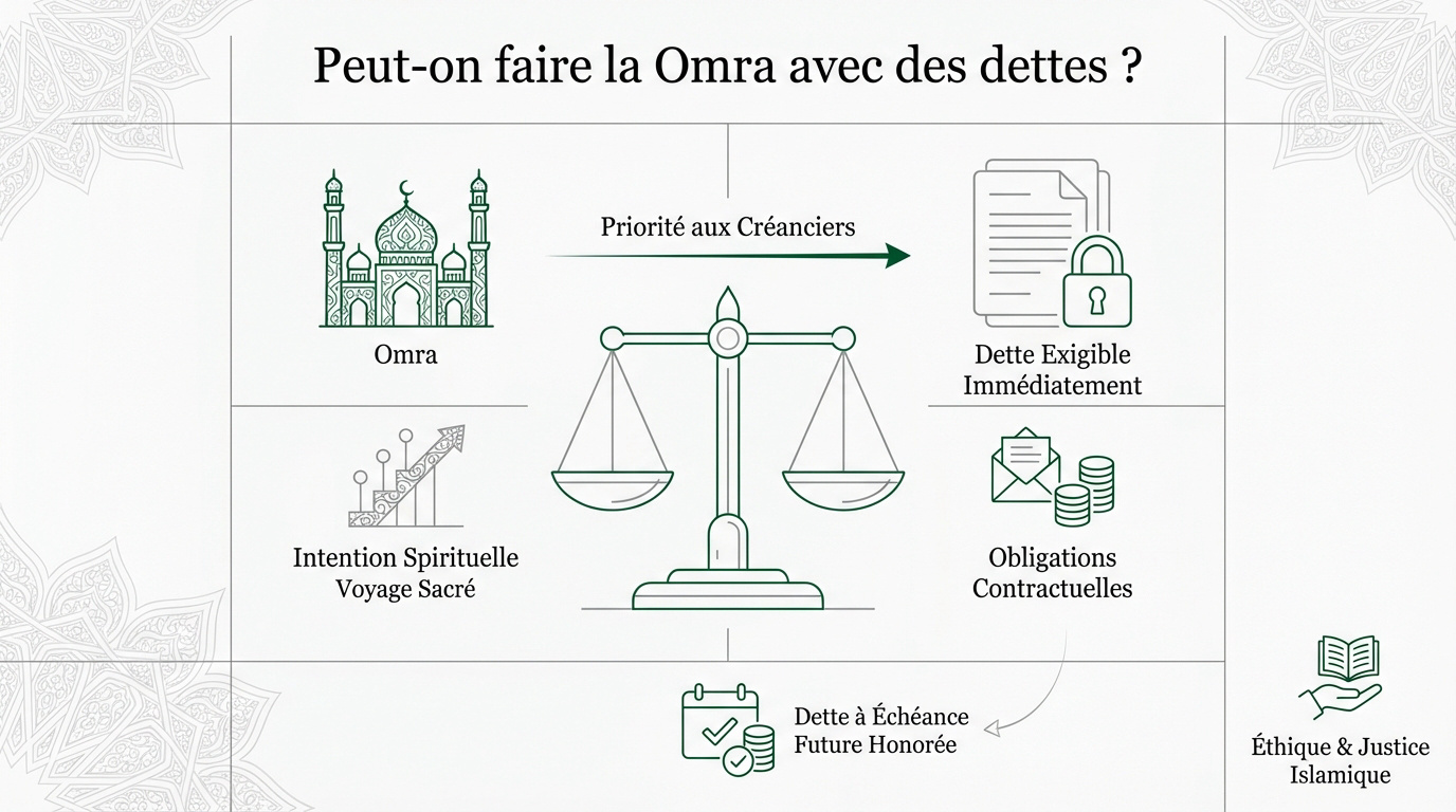 Pèlerin en réflexion devant la Kaaba concernant ses obligations financières