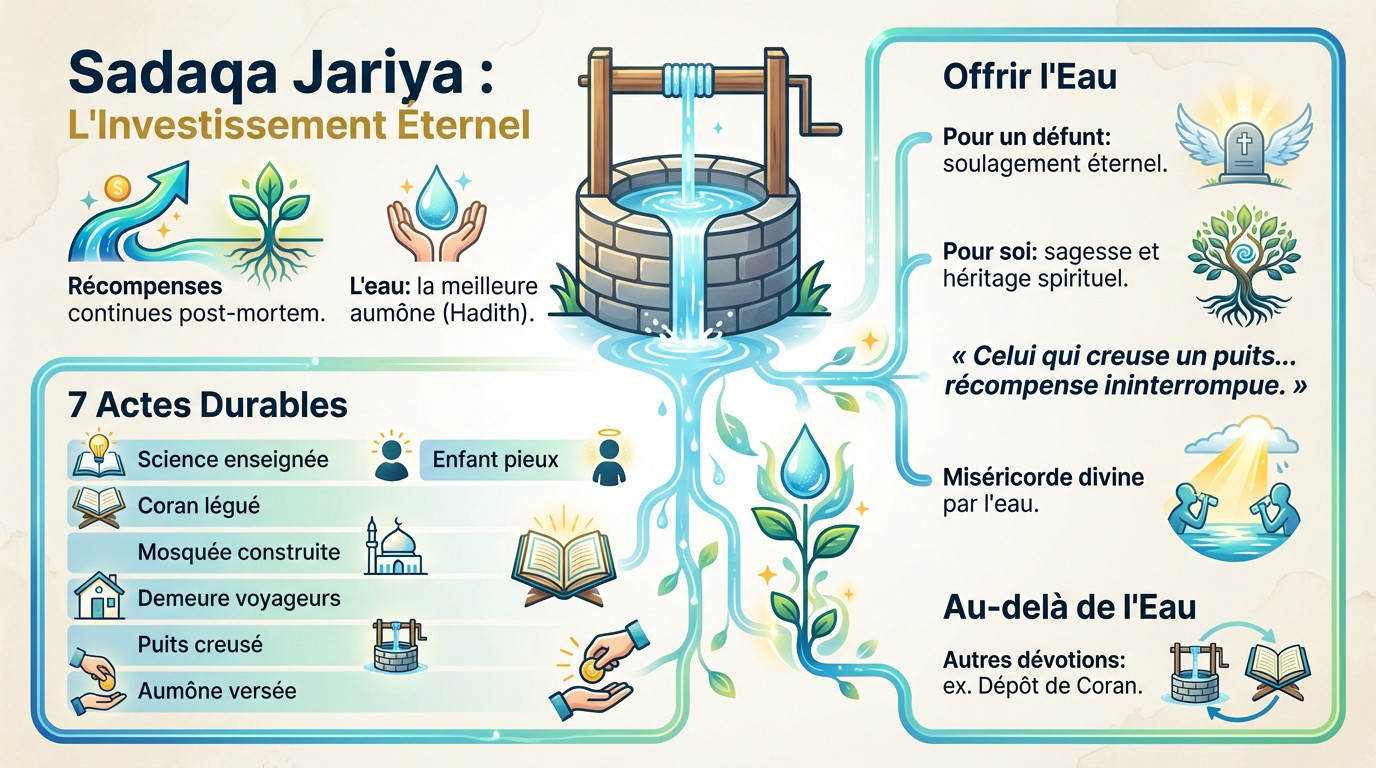 Puits d'eau potable dans un village aride illustrant une sadaqa jariya durable