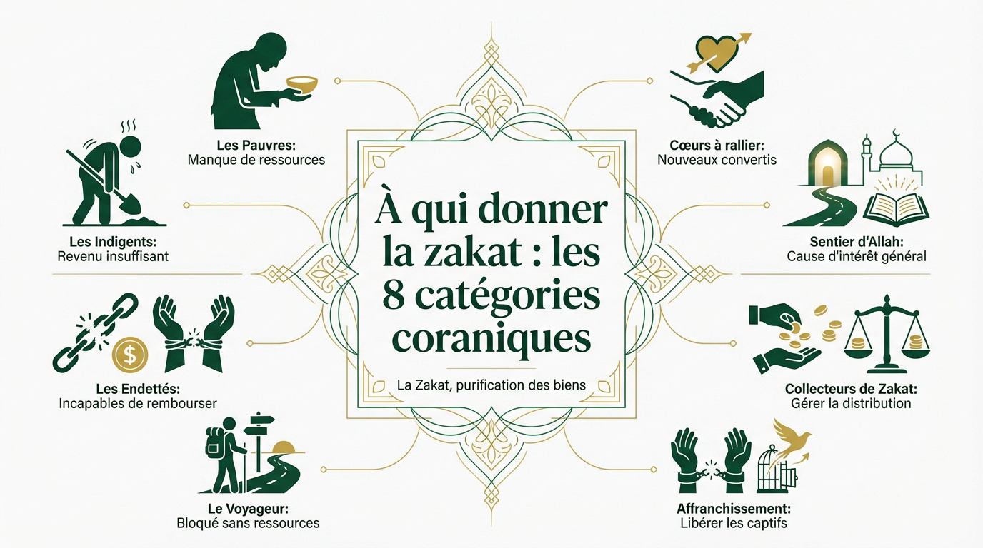Infographie des huit catégories de bénéficiaires de la zakat selon le Coran