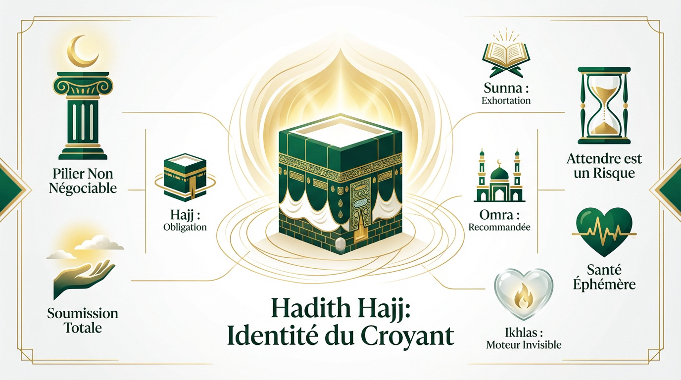 Croyants en prière devant la Kaaba illustrant l'importance du hadith hajj