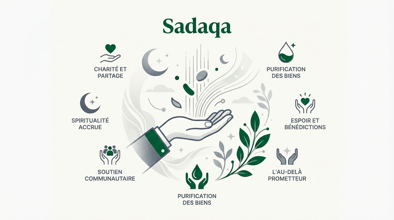 Infographie expliquant les bienfaits spirituels et sociaux de la sadaqa en islam