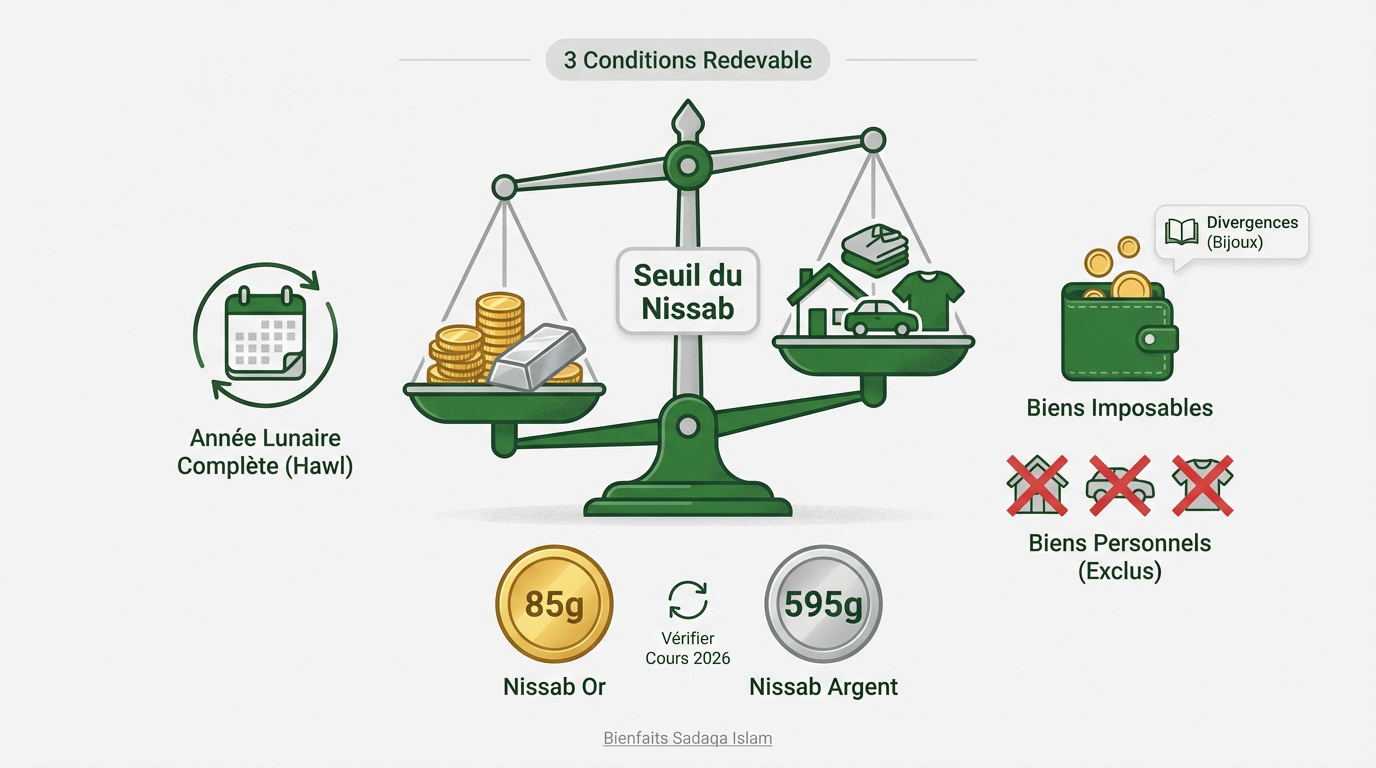 Infographie expliquant le seuil du Nissab et les conditions de la Zakat al Maal