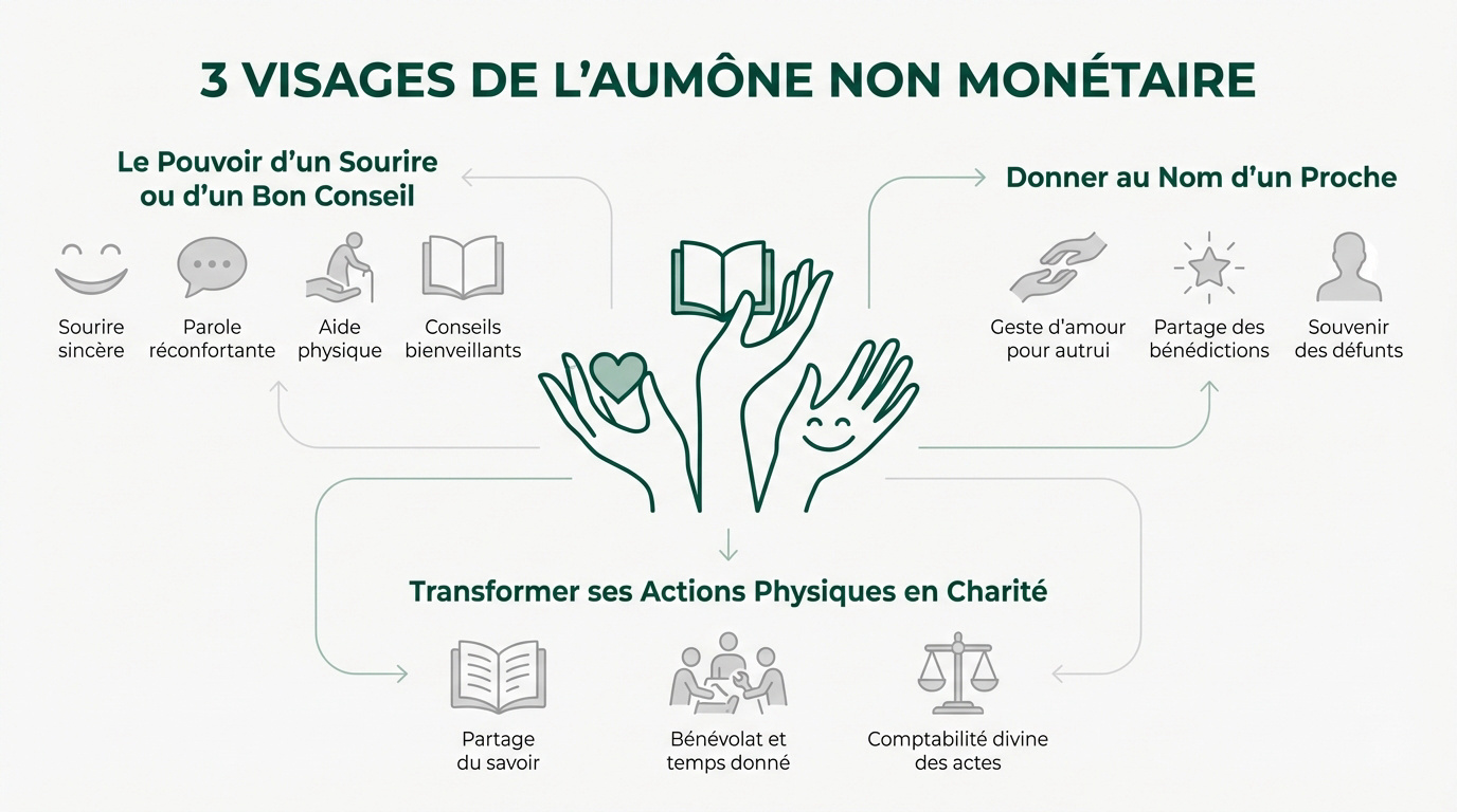 Illustration des différentes formes de sadaqa non monétaire en Islam