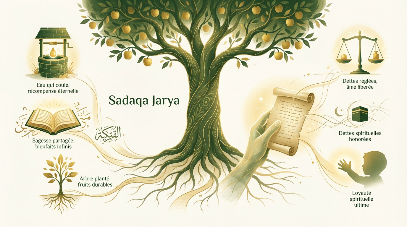 Illustration d'un arbre symbolisant la sadaqa jariya et l'aumône continue