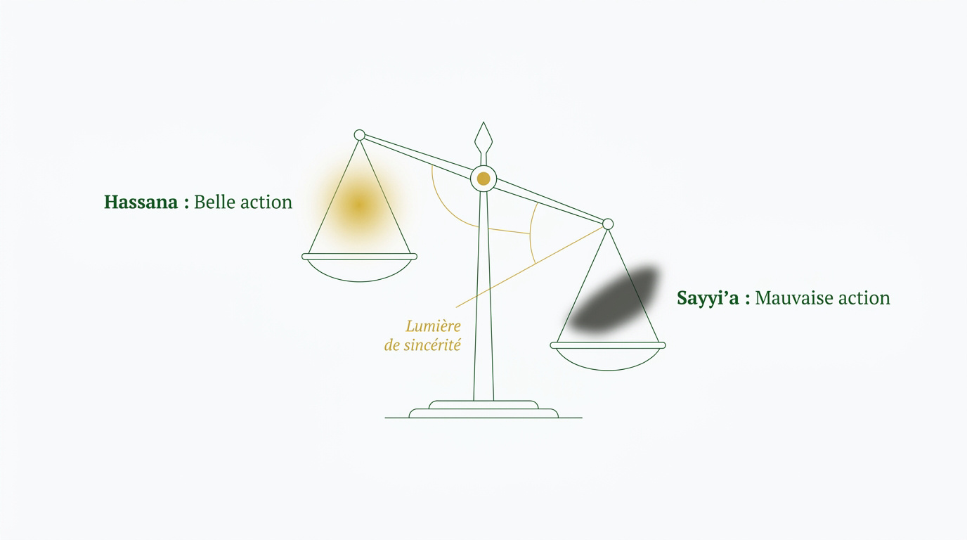 Représentation de la balance spirituelle entre hassanates et sayyi'ates