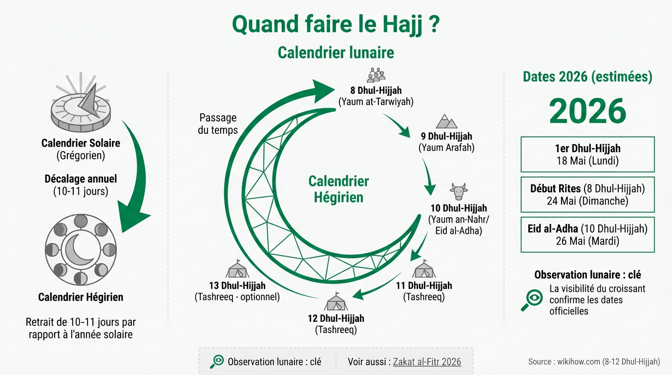 Schéma expliquant le décalage entre le calendrier lunaire hégirien et le calendrier solaire pour le Hajj