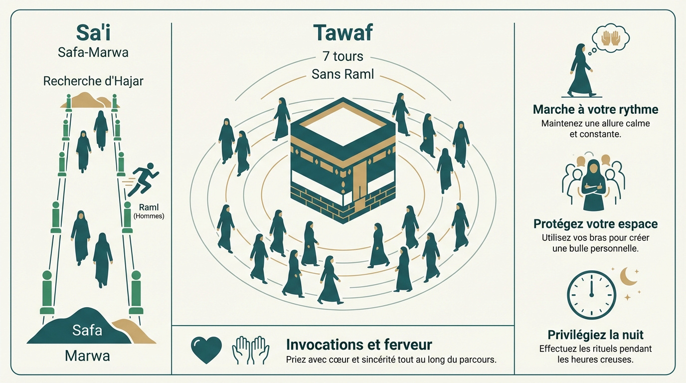 Infographie détaillant les étapes rituelles de la Omra et du Hajj pour les femmes