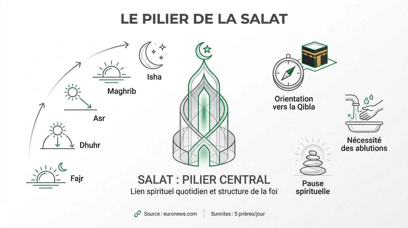 Représentation visuelle des cinq prières quotidiennes de la Salat