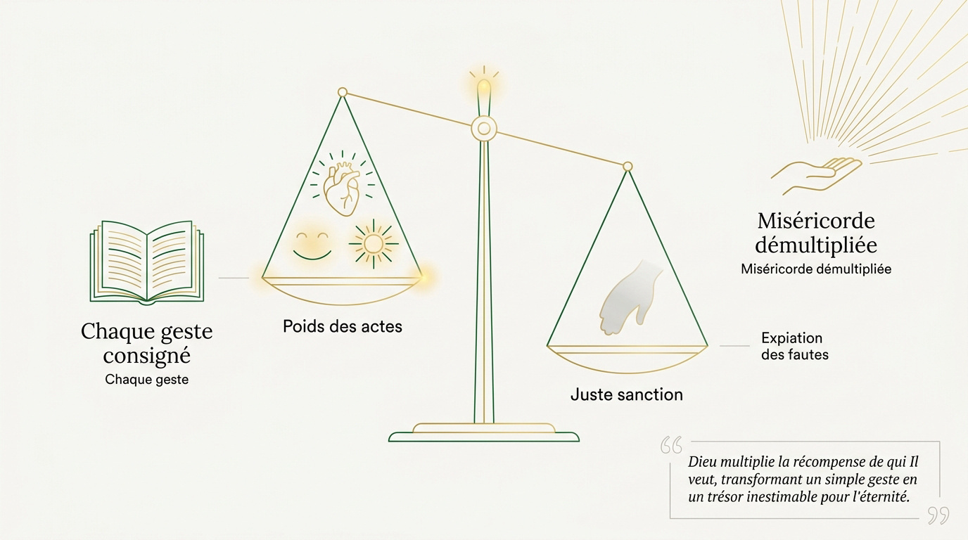 Représentation symbolique de la pesée des hassanates et de la miséricorde lors du Jugement
