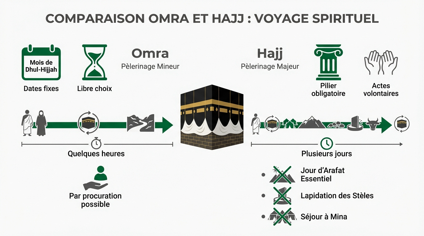 Tableau comparatif des différences entre les rites de la Omra et du Hajj