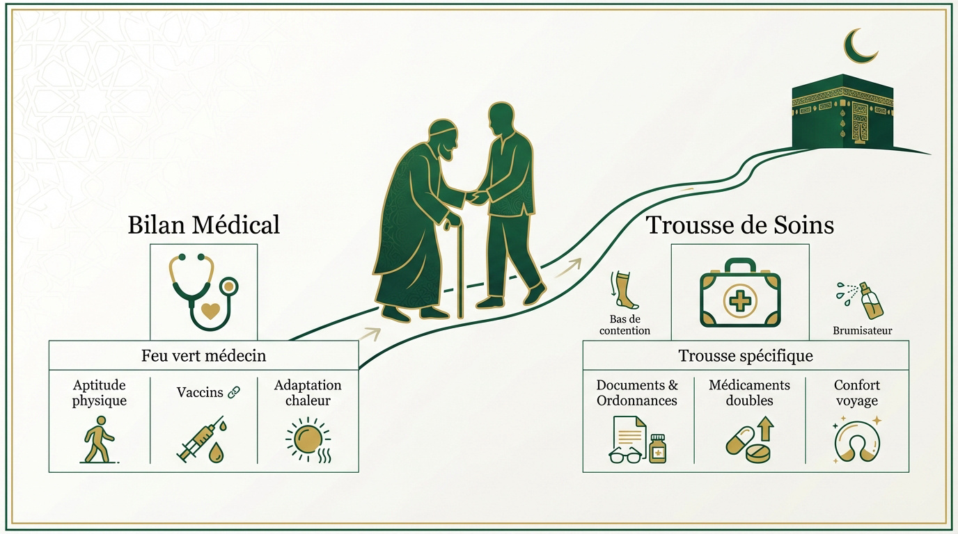 Préparation médicale et trousse de soins pour un pèlerin âgé partant en Omra