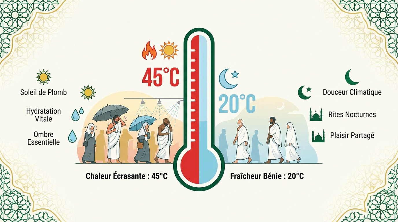 Comparaison entre la chaleur intense de l'été et la douceur de l'hiver en Arabie Saoudite pour la Omra