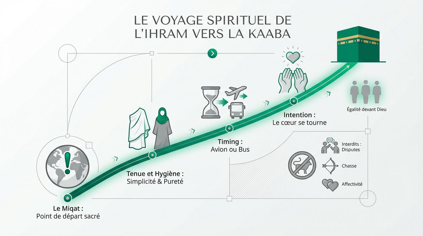 Pèlerins en tenue d'Ihram se dirigeant vers la Kaaba à La Mecque